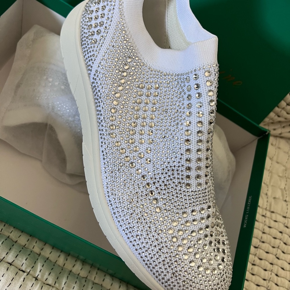 Lauren Lorraine Elegant White Rhinestone Slip-On Sneakers